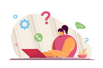 Call center administrator. Flat vector illustration. Female operator providing technical support to customers, answering hotline calls with laptop, headphones. Service, help, management concept