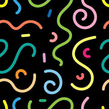 Seamless abstract pattern on black background. Vector doodle image. Graphic linear colorful wallpaper.