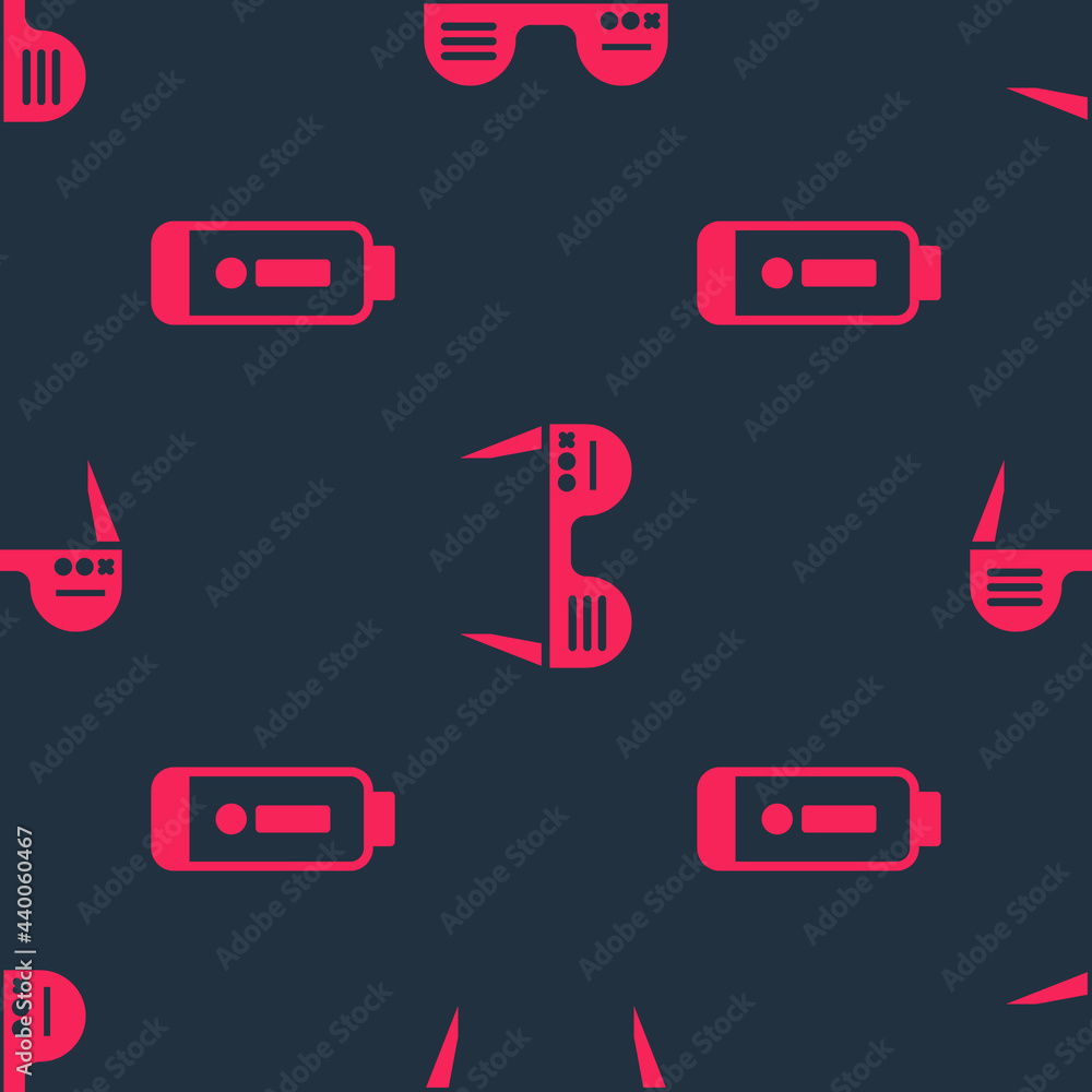 Poster set battery charge level indicator and smart glasses on seamless pattern. vector