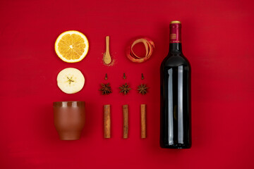 Knolling Photography - mulled wine recipe. Top view of ingredients of Hot Spiced Christmas Wine Recipe.