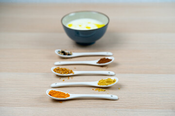Knolling Photography - Healthy yogurt mixed with spices recipe