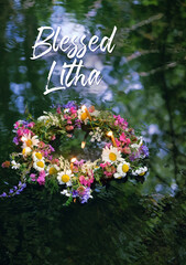 Blessed Litha. flowers wreath with burning candles in water. old national tradition, fortune telling for pagan holiday. Summer Solstice Day, Midsummer, wiccan Litha sabbat - obrazy, fototapety, plakaty