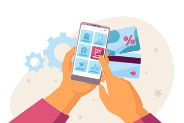 Doing shopping online with smartphone and credit cards. Flat vector illustration. Two hands holding electronic device with service app for purchasing products. E- ecommerce, modern technology concept