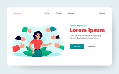 Obraz na płótnie Canvas Proud positive woman surrounded by hands with thumbs up isolated flat vector illustration. Happy cartoon character accepting public approval and smiling. Respect and audience recognition concept