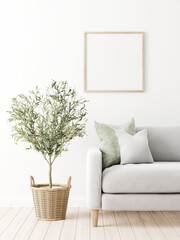 Square poster mockup with wooden frame in traditional living room interior with sofa, green pillow and olive tree in wicker basket on empty white wall background. 3D rendering, illustration