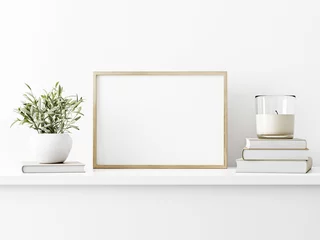 Rolgordijnen Horizontaal houten framemodel met groene olijftakjes in vaas en kaars op witte muurachtergrond. A4, A3, A-formaat, 3D-rendering, illustratie © marina_dikh