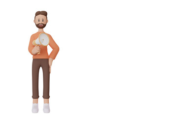 3D man character speaking into megaphone with copyspace for your text.