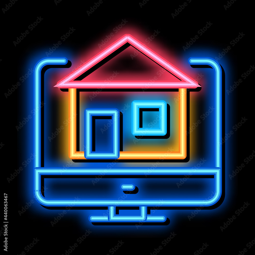 Poster house on computer display neon light sign vector. glowing bright icon house on computer display sign