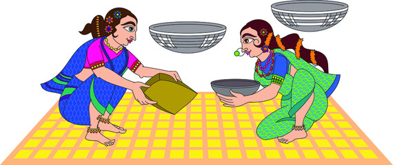 Village morning rituals. woman pounding grains and cleaning. Drawn in Indian folk art, Kalamkari style. for textile printing, logo, wallpaper