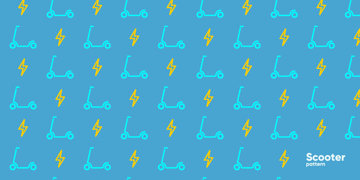 Electric scooter. Set of flat vector illustrations. City transport, simple background image. Patterns.  Ideal for banner, poster or flyer.