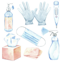 Watercolor set of covid protection.