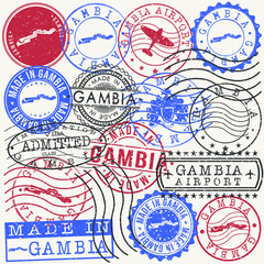 The Gambia Set of Stamps. Travel Passport Stamps. Made In Product Design Seals in Old Style Insignia. Icon Clip Art Vector Collection.