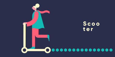 Electric scooter. Set of flat vector illustrations. City transport, simple background image. Man rides a scooter. Patterns.  Ideal for banner, poster or flyer.