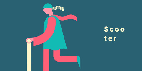 Electric scooter. Set of flat vector illustrations. City transport, simple background image. Man rides a scooter. Patterns.  Ideal for banner, poster or flyer. © Molibdenis-Studio