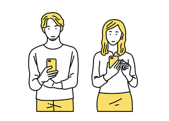 スマホを操作する若い男女のイラスト　カジュアル