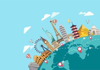 Travel and tourism on earth background. Travel by plane around the world concept. vector illustration in flat style modern design.