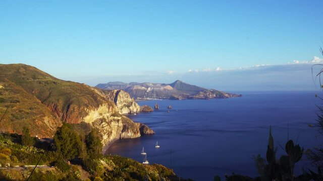 The Island of Vulcano seen from Lipari, Aeolian islands, Sicily, Italy, Real Time, 4k
