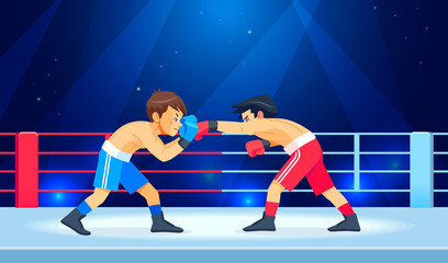 Boxing among boys on ring. Teen boxing, kickboxing children on arena. Children fight with these adult emotions. Popularization of sports and healthy lifestyle. Cartoon vector illustration