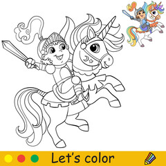 Cartoon little knight in armor riding a unicorn coloring