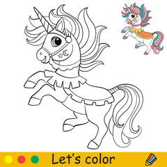 Cartoon jumping unicorn in a smart harness coloring