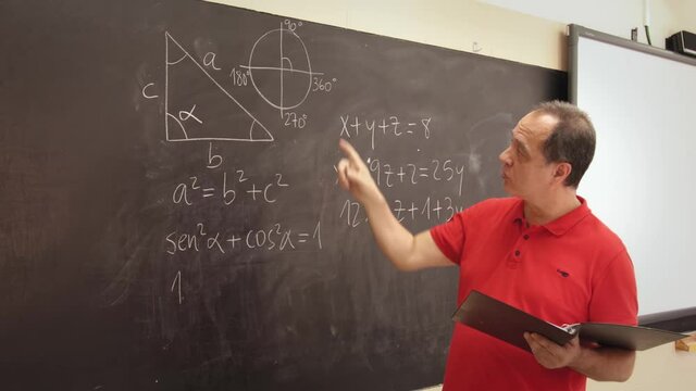 professor explaining mathematical lessons in a class in front of the blackboard