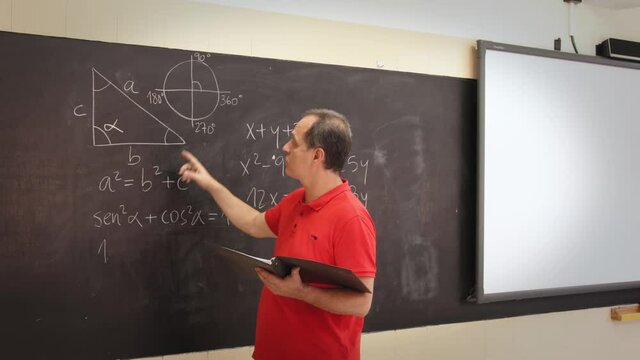 teacher explaining mathematical lessons in a class in front of the blackboard