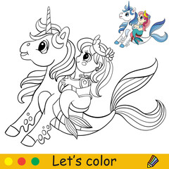 Coloring cartoon cute mermaid riding a sea unicorn © alinart