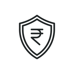 Rupee sign and shield. Money protection line icon isolated on white background. Vector illustration