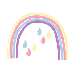 Fairytale rainbow with multicolored raindrops in a flat style on a white background. Children's print for any design. Vector illustration.Doodle rainbow multicolored raindrops for decoration design.