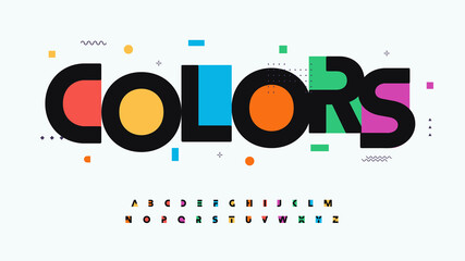 Colors font alphabet letters. Modern logo typography. Color creative art typographic design. Festive letter set for rainbow logo, headline, color cover title, joy monogram. Isolated vector typeset - obrazy, fototapety, plakaty