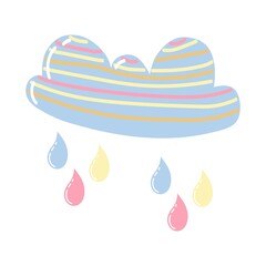 Beautiful doodle icon with colorful cartoon rain and cloud painted bright on white background for decorative design. Children's print. Vector illustration.