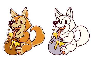 Dogs and honey. Two dogs characters eating honey. Vector illustrations set.