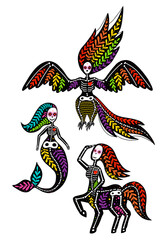 Vector colorful set of skeletons of fairytale creatures with floral design, isolated on white background. Dia de los Muertos, Day of the dead or Halloween concept. Mermaid, centaur, bird