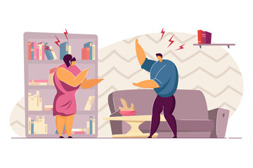 Family couple arguing in living room. Flat vector illustration. Angry wife and husband having conflict, relationship problems. Abuse, divorce, family, quarrel concept for banner design, landing page