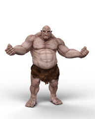 Obraz premium 3D rendering of a giant ogre fantasy creature standing and waving fists isolated on a white background.