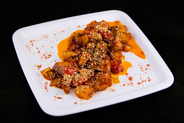 Pork with pineapples. Pork tenderloin, pineapple, bell pepper, onion, sesame