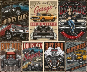 Custom cars vintage colorful posters
