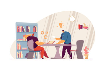 Office worker suggesting creative idea to his boss. Cartoon director and junior characters discussing ideas in workplace flat vector illustration. Teamwork, solution, brainstorming concept