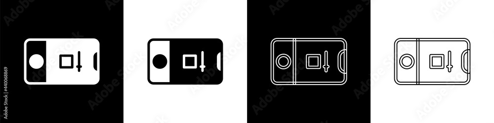 Poster set mobile phone with record frame camera icon isolated on black and white background. mobile app ap