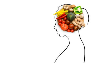 Drawn silhouette of woman with fresh vegetables on white background