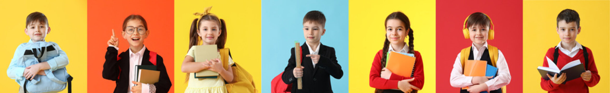 Group Of Little School Children On Color Background