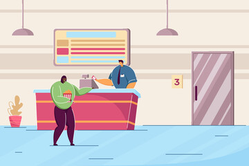 Cinema worker and woman at counter. Flat vector illustration. Girl with popcorn buying ticket by cashier, holding 3D glasses for watching movie. Entertainment, theatre, advertising, art concept