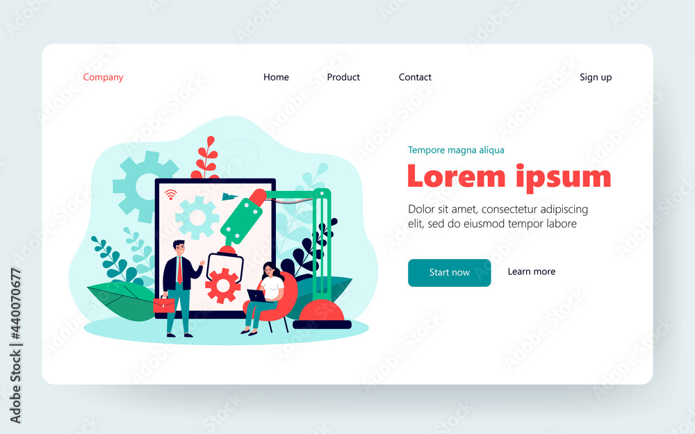 Poster positive tiny people working with artificial intelligence isolated flat vector illustration. cartoon