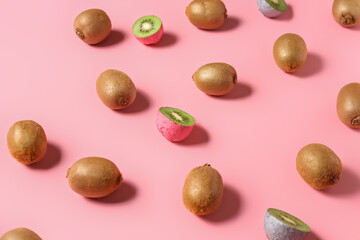 Many ripe kiwi on color background
