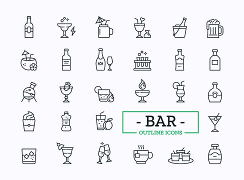 Vector beverage thin line icon set. Collection of different bar drinks with sign of juice, shot, champagne, cocktail