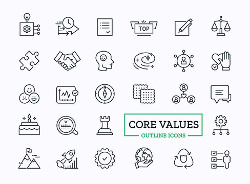 Vector Core values icon set with outline symbol of loyalty, optimism, efficiency, honesty for company website