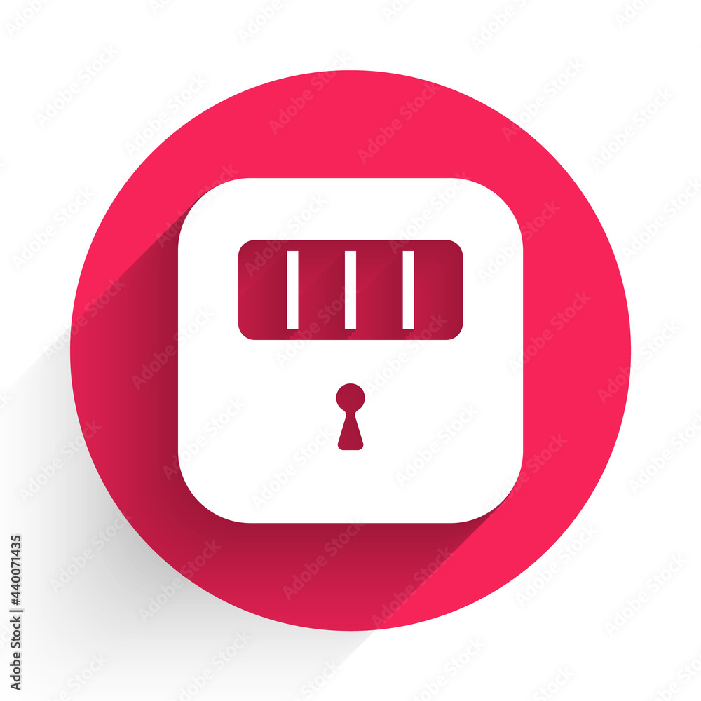 Poster white prison cell door with grill window icon isolated with long shadow. red circle button. vector
