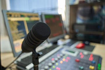 Closeup Microphone in Radio Studio Blurred Setup