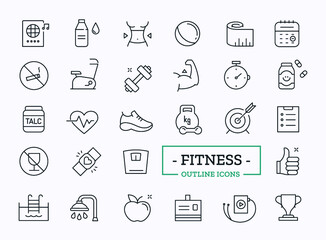 Fitness icons. Thin Line Sport Related Elements for Website. Gym equipment.