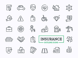 Vector Insurance Thin Line icons. Outline Design Symbol Set for site. 